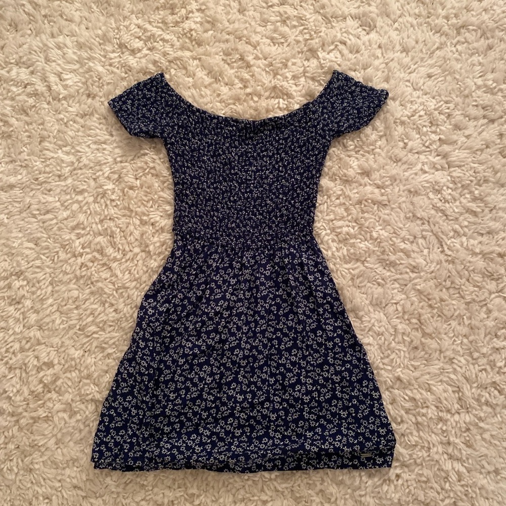 floral dark blue off the shoulder dress